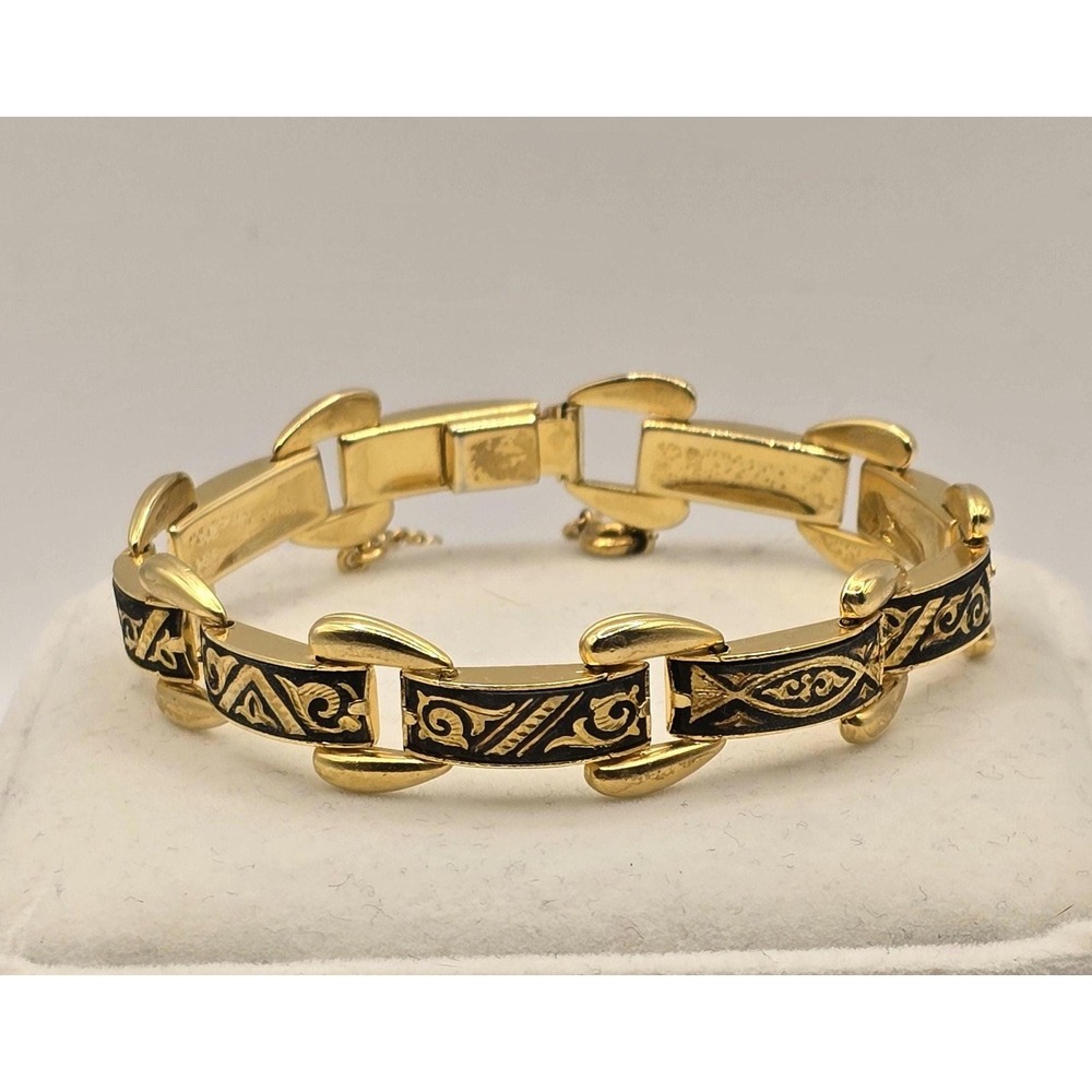 Vintage Spanish Damascene Link Bracelet - Black & Gold with Safety Chain - Picture 6 of 12